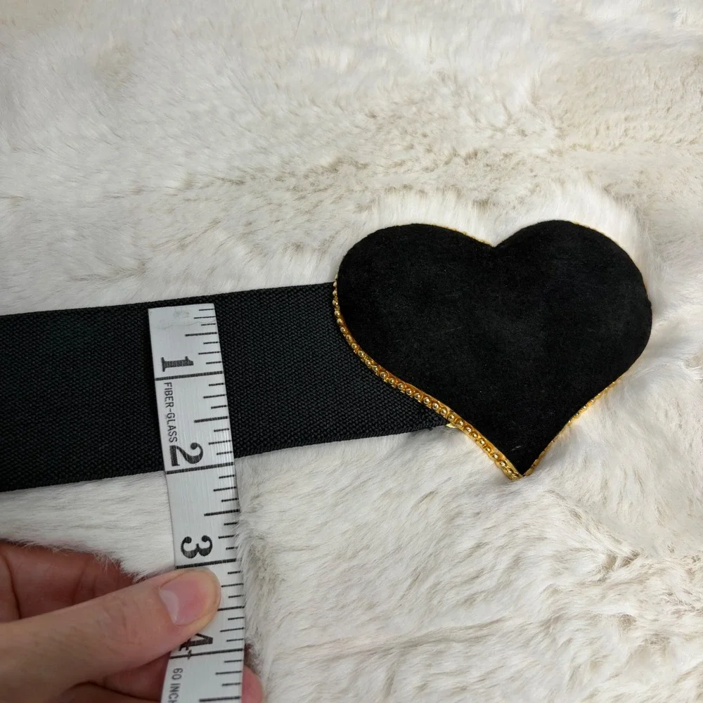 Vintage Style Black Elastic Cinch Belt Gold Beaded Velvet Heart Buckle 26 Inch